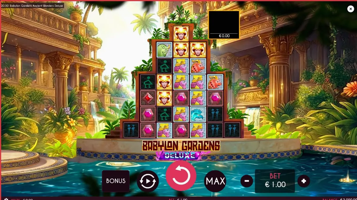 Pemandangan visual slot Babylon Gardens Ancient Wonders Deluxe dengan nuansa gurun dan taman gantung.