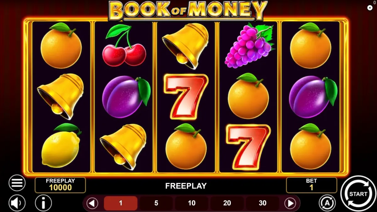 Tampilan visual slot Book of Money dengan simbol buah dan kitab kuno